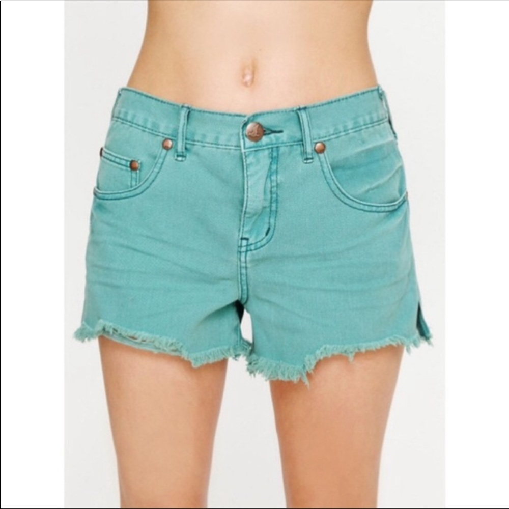 Free People Green Distressed Denim Shorts Size 29
